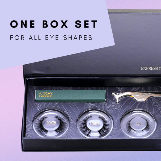Magnetic lash starter box set open showing Holly, Carol, and Joy magnetic lash styles with Double Bond Liner and application tool — one box set for all eye shapes