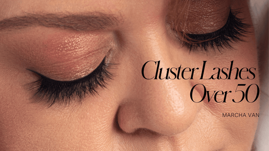 Woman with closed eyes wearing full lash enhancement, cluster lashes over 50 article by Marcha Van, Witchy Lashes