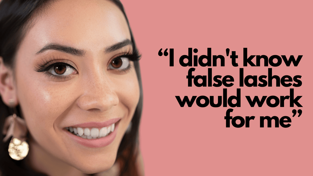 Woman smiling wearing natural-looking false lashes with quote I didn't know false lashes would work for me