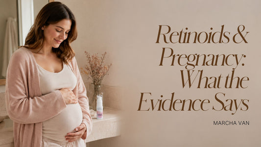 Pregnant woman in bathroom with Witchy Lashes Hyaluronic Acid Serum on the counter — retinoids and pregnancy safety