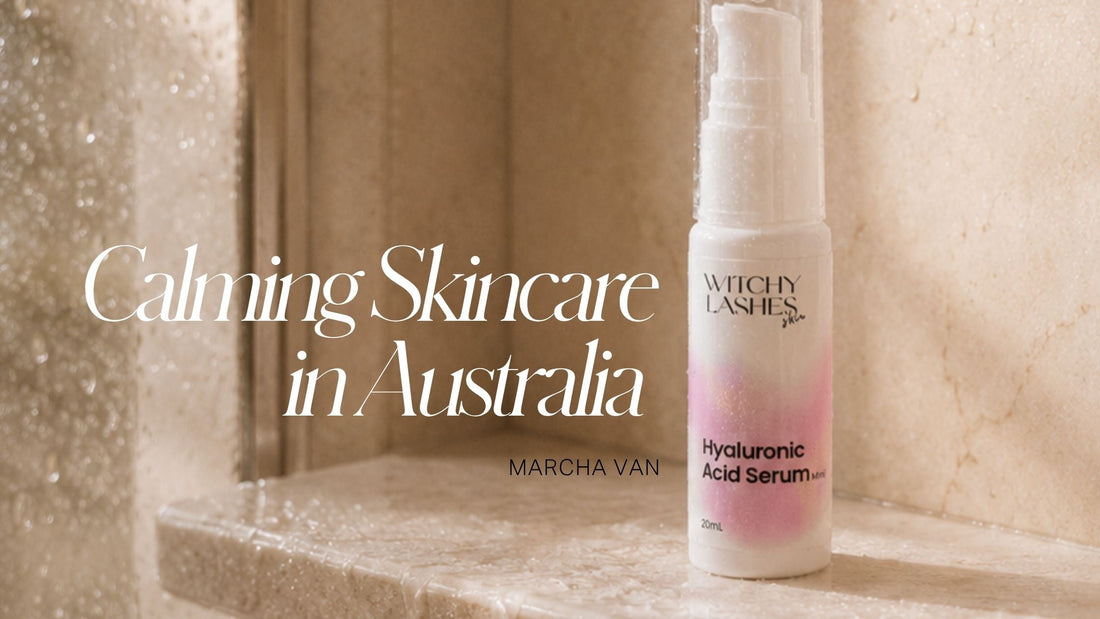 Witchy Lashes Skin Hyaluronic Acid Serum bottle in a marble shower niche with water droplets on the wall