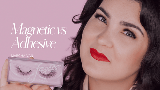  Woman wearing red lipstick holding Witchy Lashes magnetic lash case, magnetic vs adhesive lashes comparison article by Marcha Van