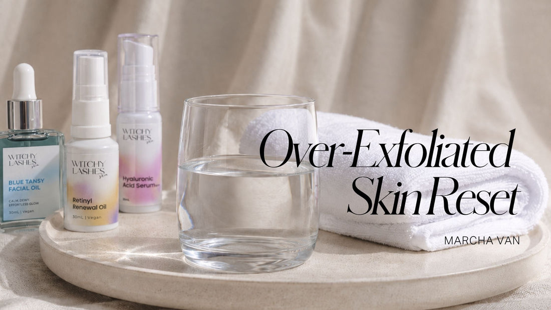 Three Witchy Lashes Skin product bottles on a round stone tray with a glass of water and a rolled white towel