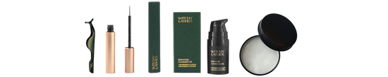 Witchy Lashes Magnetic Lash Range, this image includes an applicator tool, Magnetic eyeliner, Magnetic soak off oil, magnetic liner magic balm remover. All can be purchased as part of a bundle.