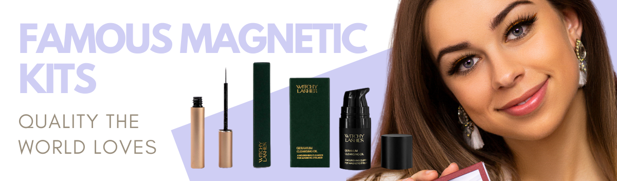 Banner for our Magnetic Kit collection. Reads "Famous Magnetic Kits,Quality the world loves". Features an image of our Magnetic Eyeliner and Soak off Oil. Features a model holding our Magnetic Lashes and wearing a full volume set of Magnetic Lashes. 