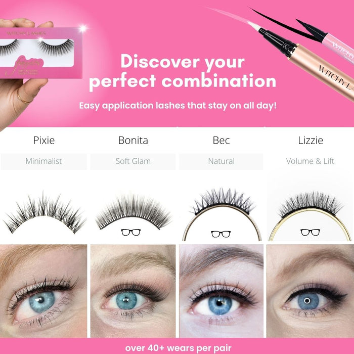 Find Your Match Kit eyelash styles Pixie, Bonita, Bec and Lizzie shown on a range of real eyes