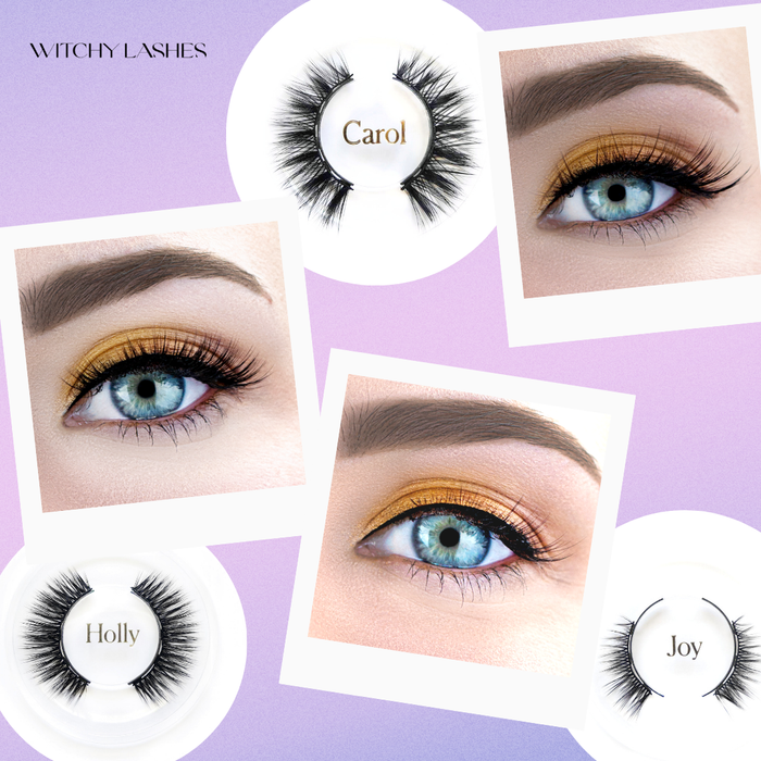 Three magnetic lash styles from the starter box set — Holly round doll-eye, Carol flared cat-eye, and Joy outer-corner accent lash