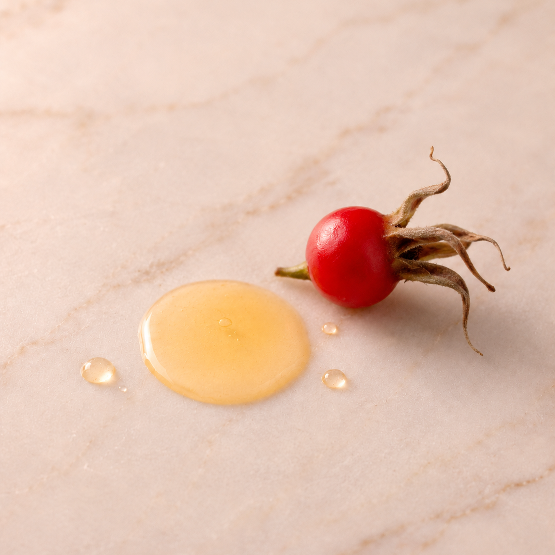 Red rosehip fruit with a droplet of retinyl oil on a beige marble surface