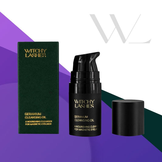 Image of our Geranium cleansing oil in a travel sized black, pump dispersing bottle. Comes in a small green biodegradable paper box.Remove your magnetic eyeliner with our cleansing oil. It contains natural oils with zero added chemicals, so you can rest assured your skin is being nourished with only the best before you go to rest. 